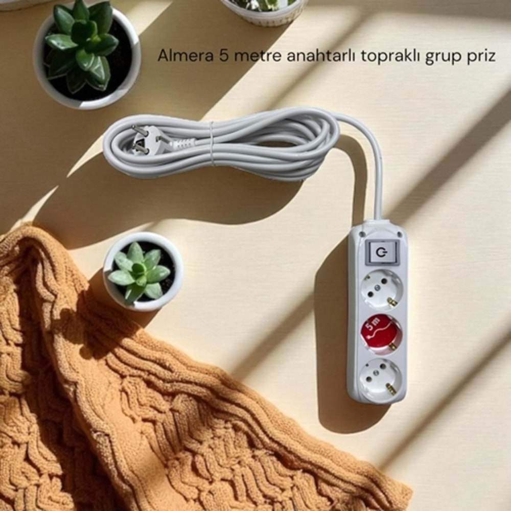 ALMERA ANAHTARLI 5 M KABLOLU ÜÇLÜ PRİZ