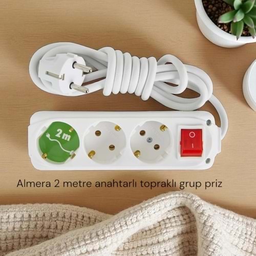 ALMERA ANAHTARLI 2 M KABLOLU ÜÇLÜ PRİZ